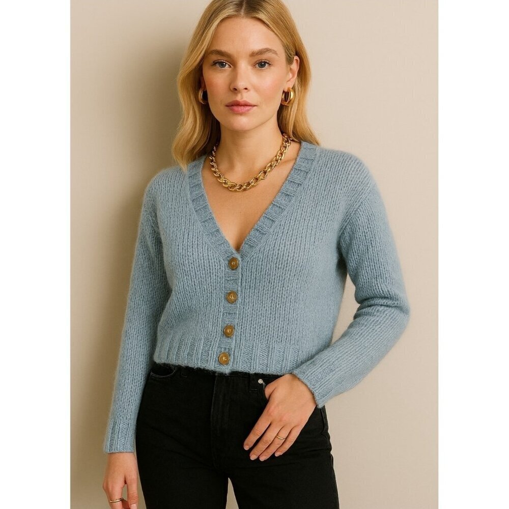 Merge Blue Ribbed Knit Button Front Cardigan Women’s V-Neck Long Sleeve Sweater